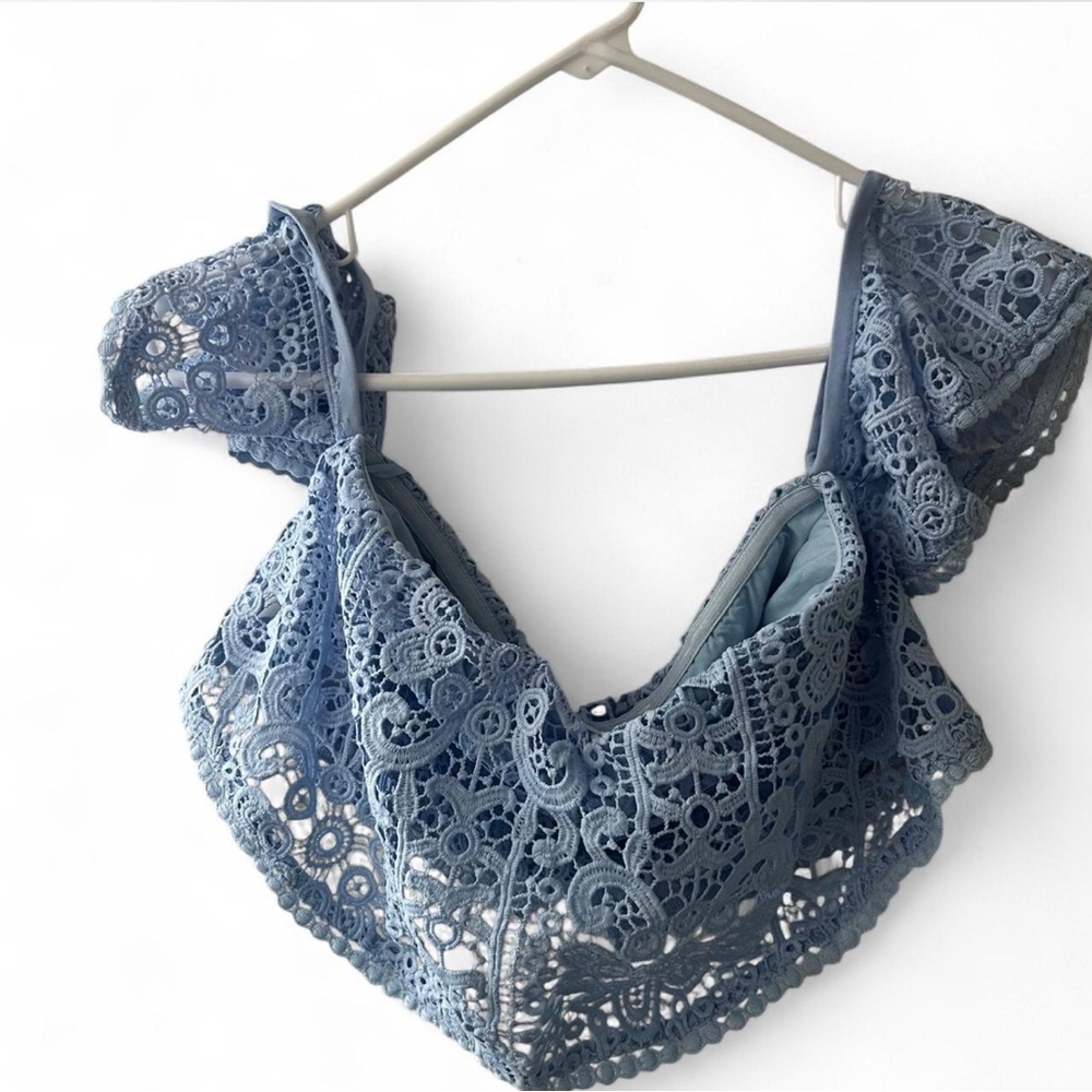 Whyte Valentine Blue Guipure Lace Cropped Top Off-the-Shoulder Boho Size 8